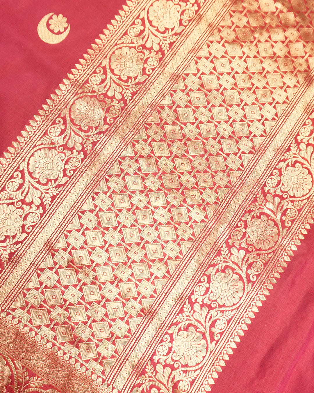 Maroon Pure Katan Saree with Chand Butta Weaves and Jangla Border