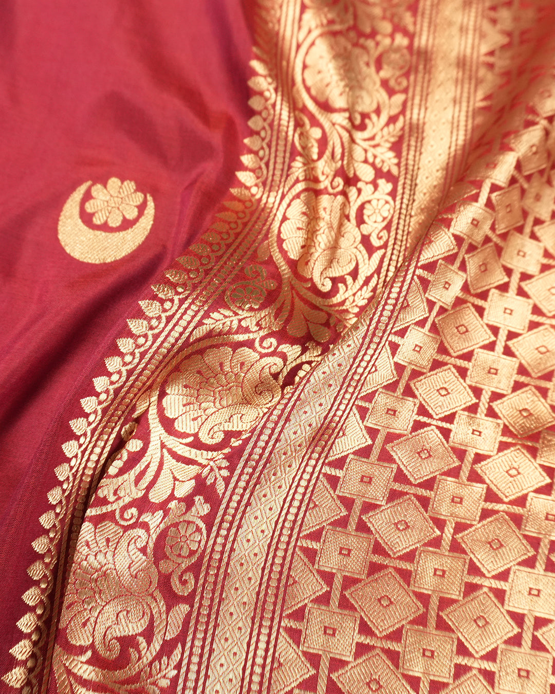 Maroon Pure Katan Saree with Chand Butta Weaves and Jangla Border
