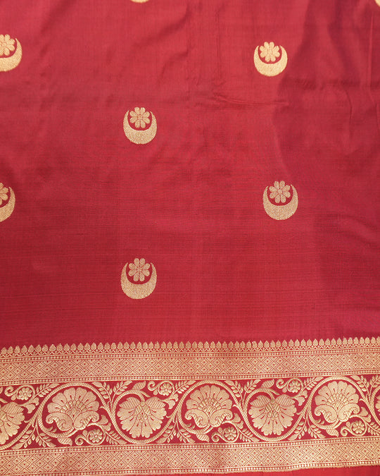 Maroon Pure Katan Saree with Chand Butta Weaves and Jangla Border