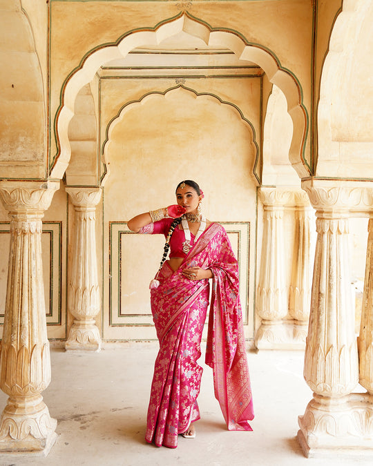 Rani Pink Pure Banarasi Saree with Grand Floral Zari Artistry