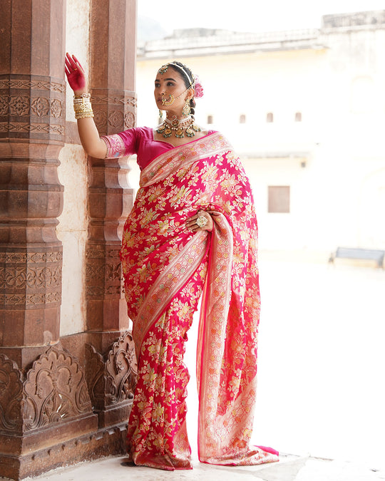 Rose Handwoven Pure Khaddi Georgette Saree With Water Zari