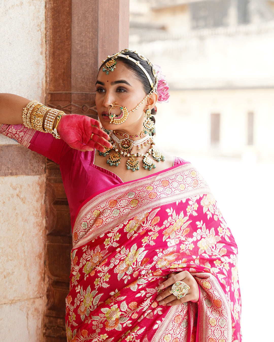 Rose Handwoven Pure Khaddi Georgette Saree With Water Zari