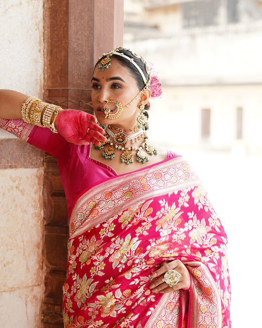 Rose Handwoven Pure Khaddi Georgette Saree With Water Zari