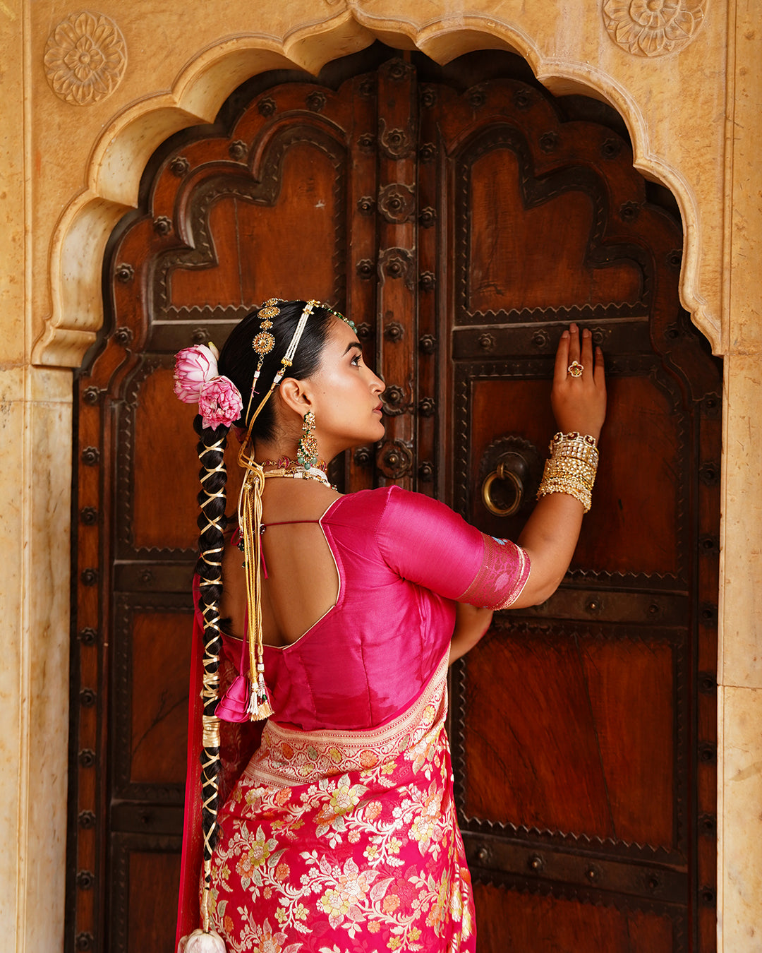 Rose Handwoven Pure Khaddi Georgette Saree With Water Zari