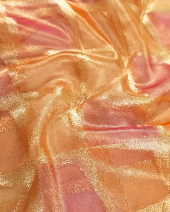 Sunlit Peach Pure Tissue Saree with Checkered Weave and Heritage Border