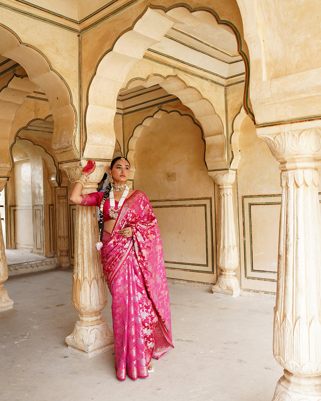Rani Pink Pure Banarasi Saree with Grand Floral Zari Artistry