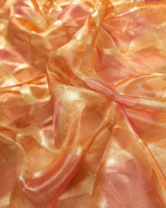 Sunlit Peach Pure Tissue Saree with Checkered Weave and Heritage Border
