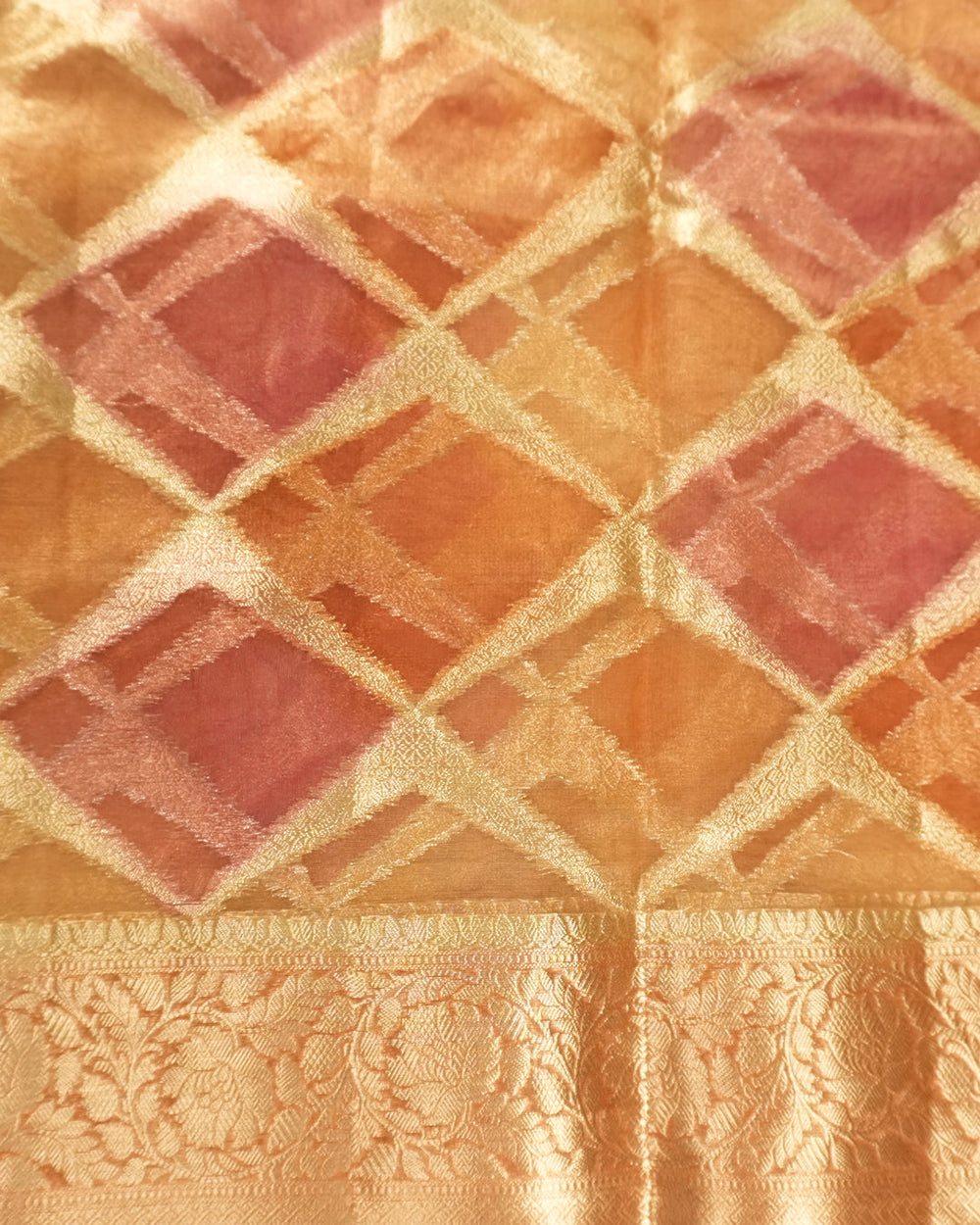 Sunlit Peach Pure Tissue Saree with Checkered Weave and Heritage Border