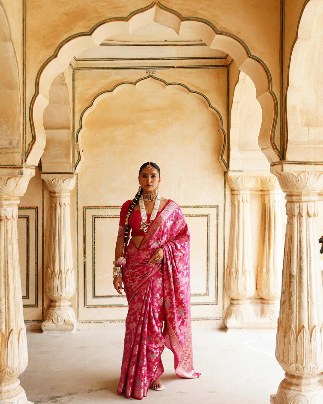 Rani Pink Pure Banarasi Saree with Grand Floral Zari Artistry