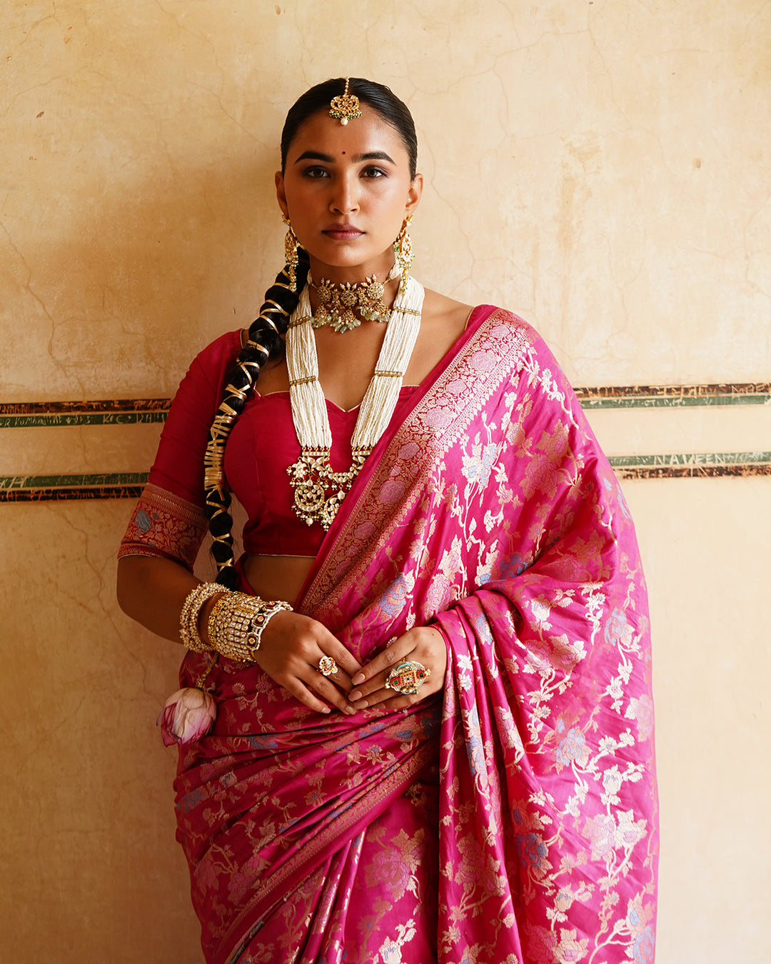 Rani Pink Pure Banarasi Saree with Grand Floral Zari Artistry
