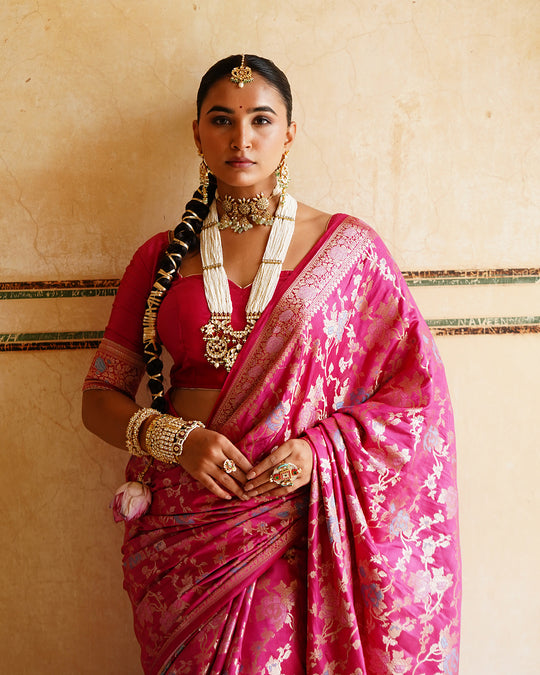 Rani Pink Pure Banarasi Saree with Grand Floral Zari Artistry