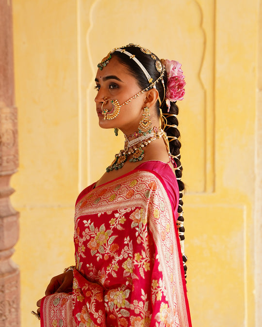 Rose Handwoven Pure Khaddi Georgette Saree With Water Zari
