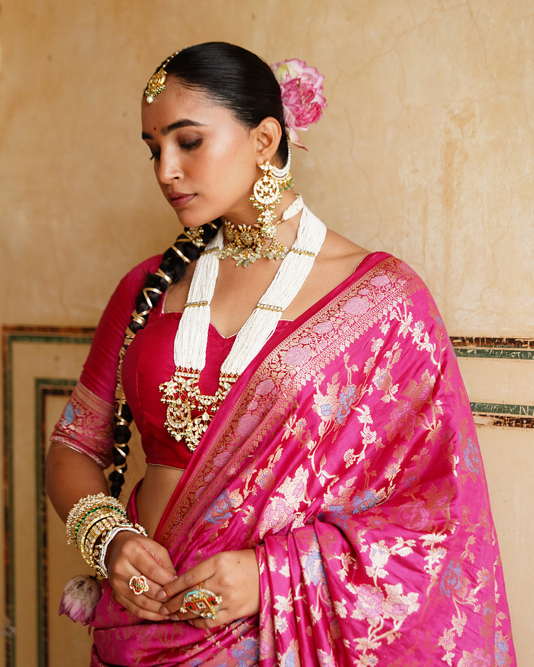 Rani Pink Pure Banarasi Saree with Grand Floral Zari Artistry