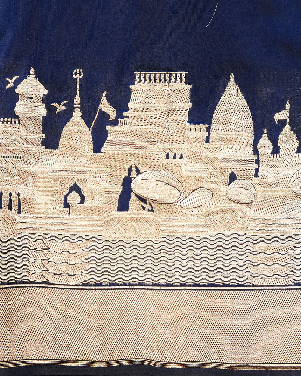 Blue Pure Katan Saree with Architectural Banaras Ghat & Temple Weaving
