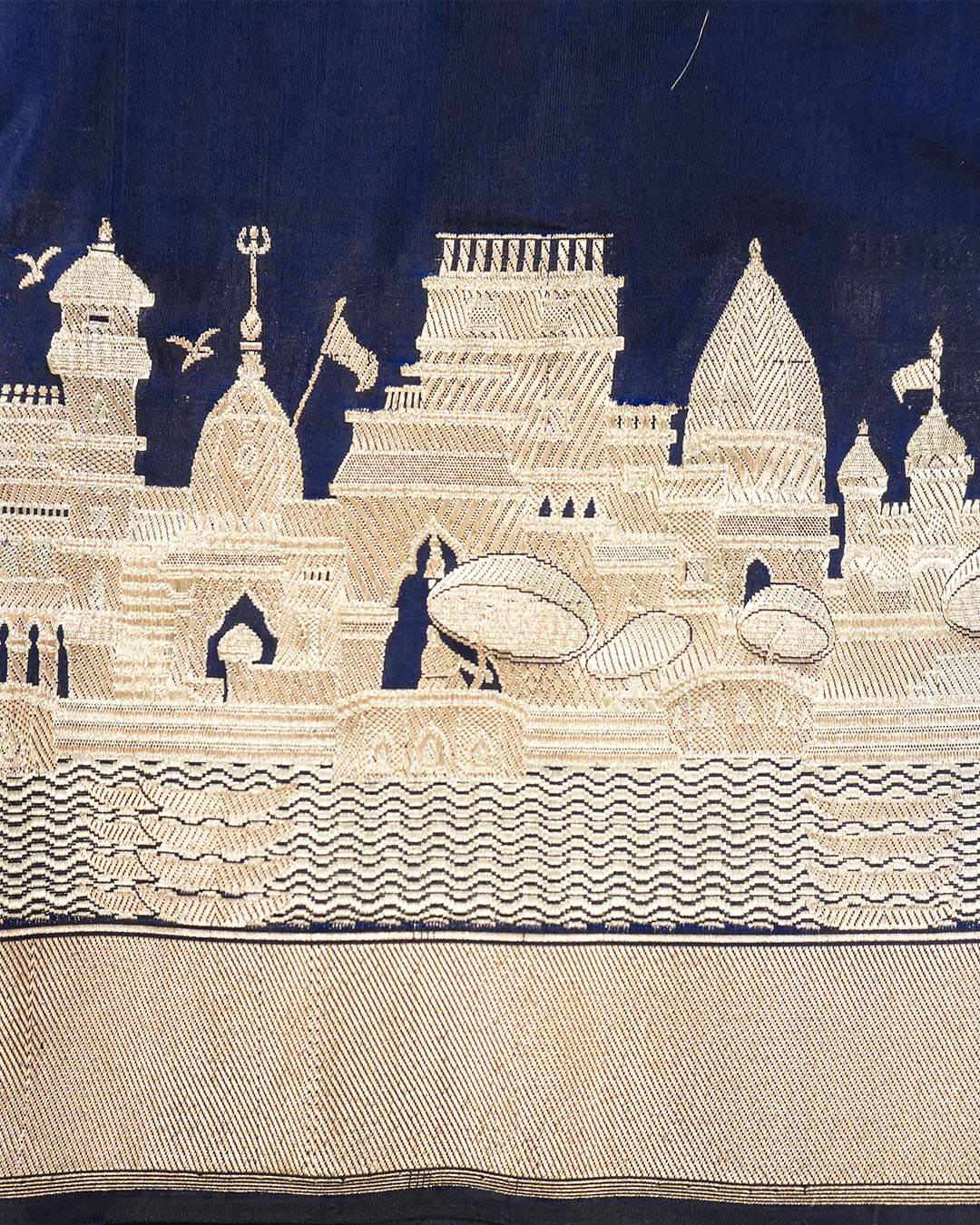 Blue Pure Katan Saree with Architectural Banaras Ghat & Temple Weaving