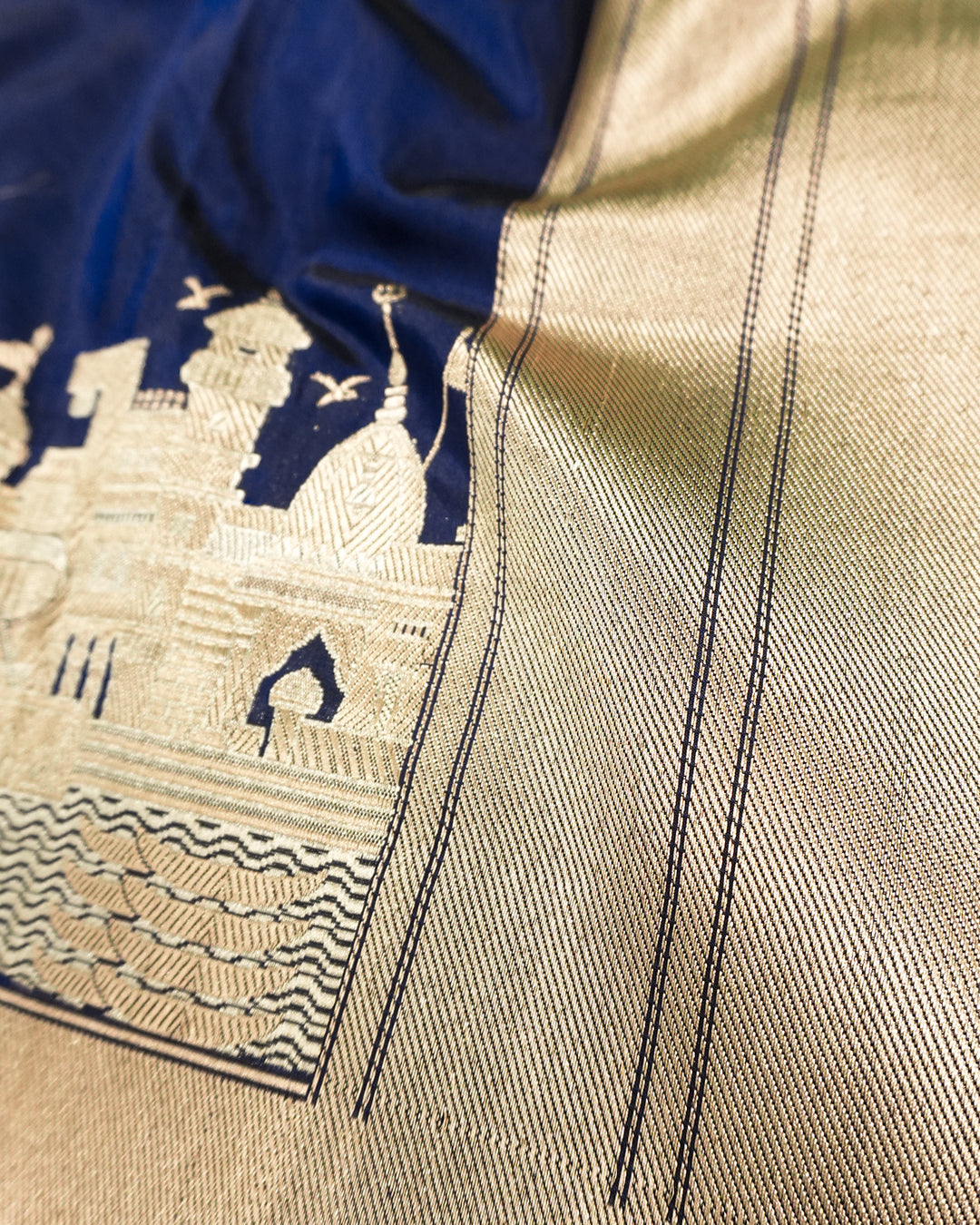 Blue Pure Katan Saree with Architectural Banaras Ghat & Temple Weaving