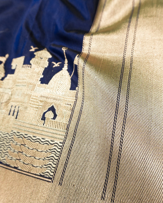 Blue Pure Katan Saree with Architectural Banaras Ghat & Temple Weaving