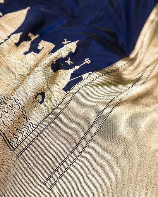 Blue Pure Katan Saree with Architectural Banaras Ghat & Temple Weaving