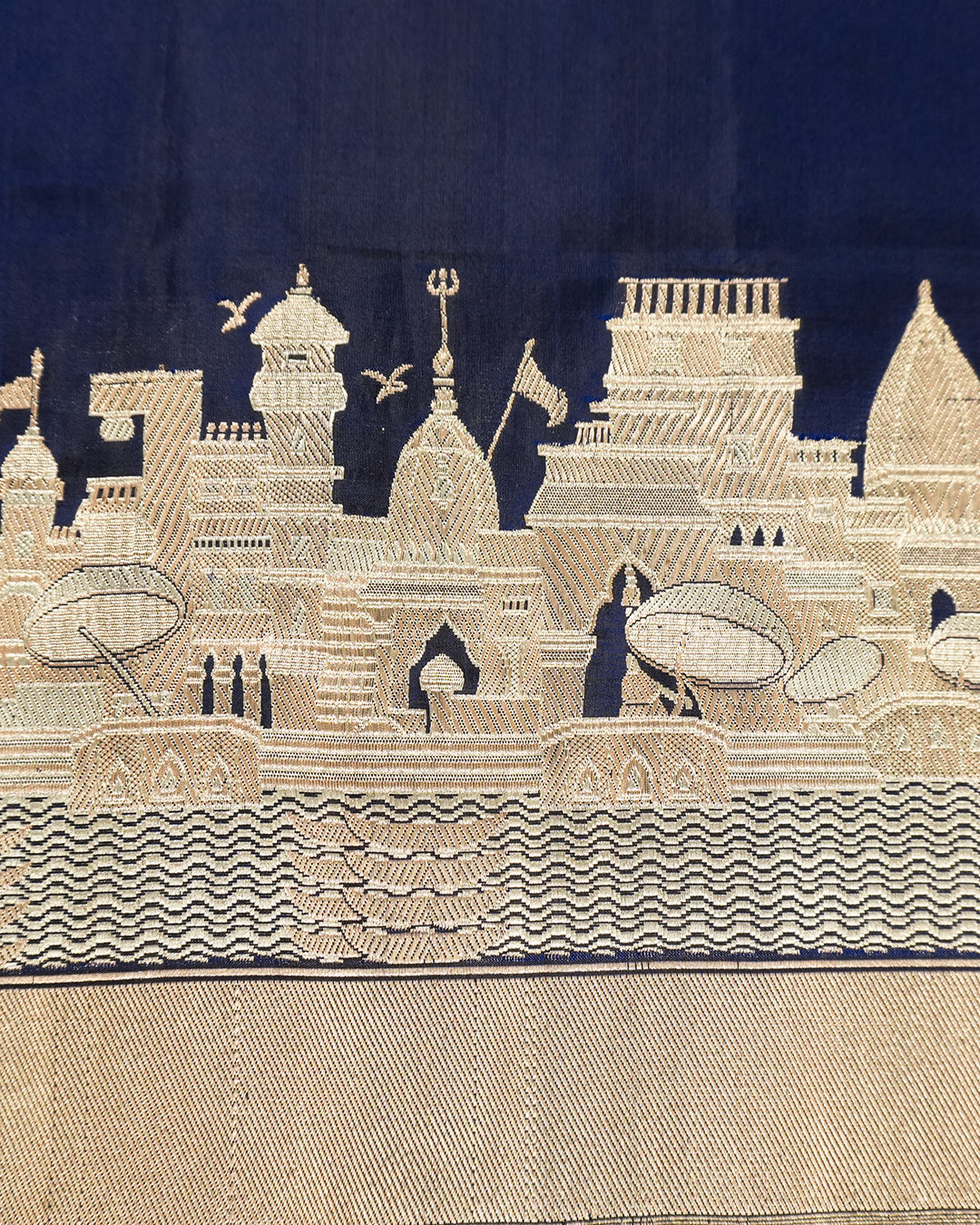 Blue Pure Katan Saree with Architectural Banaras Ghat & Temple Weaving