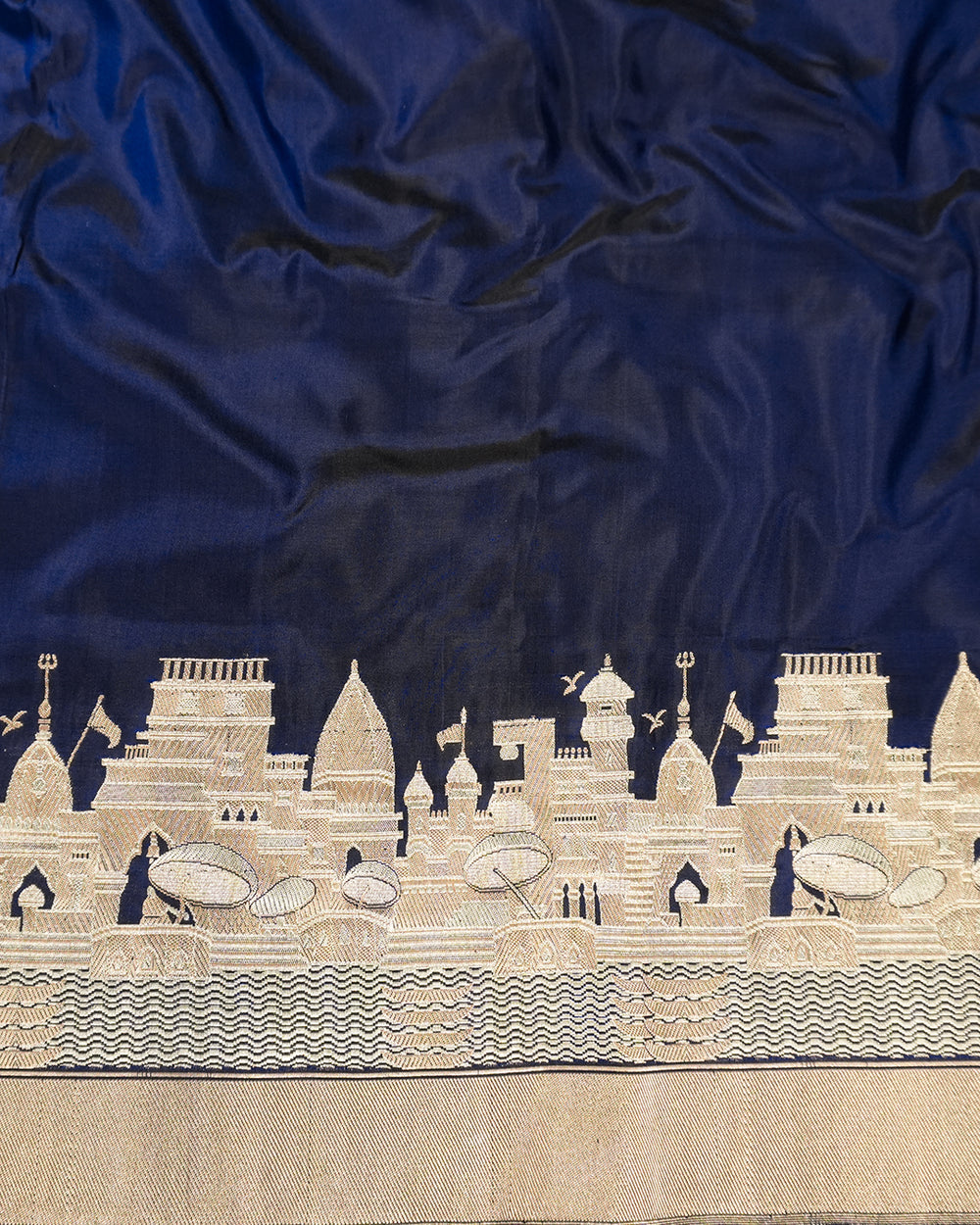 Blue Pure Katan Saree with Architectural Banaras Ghat & Temple Weaving