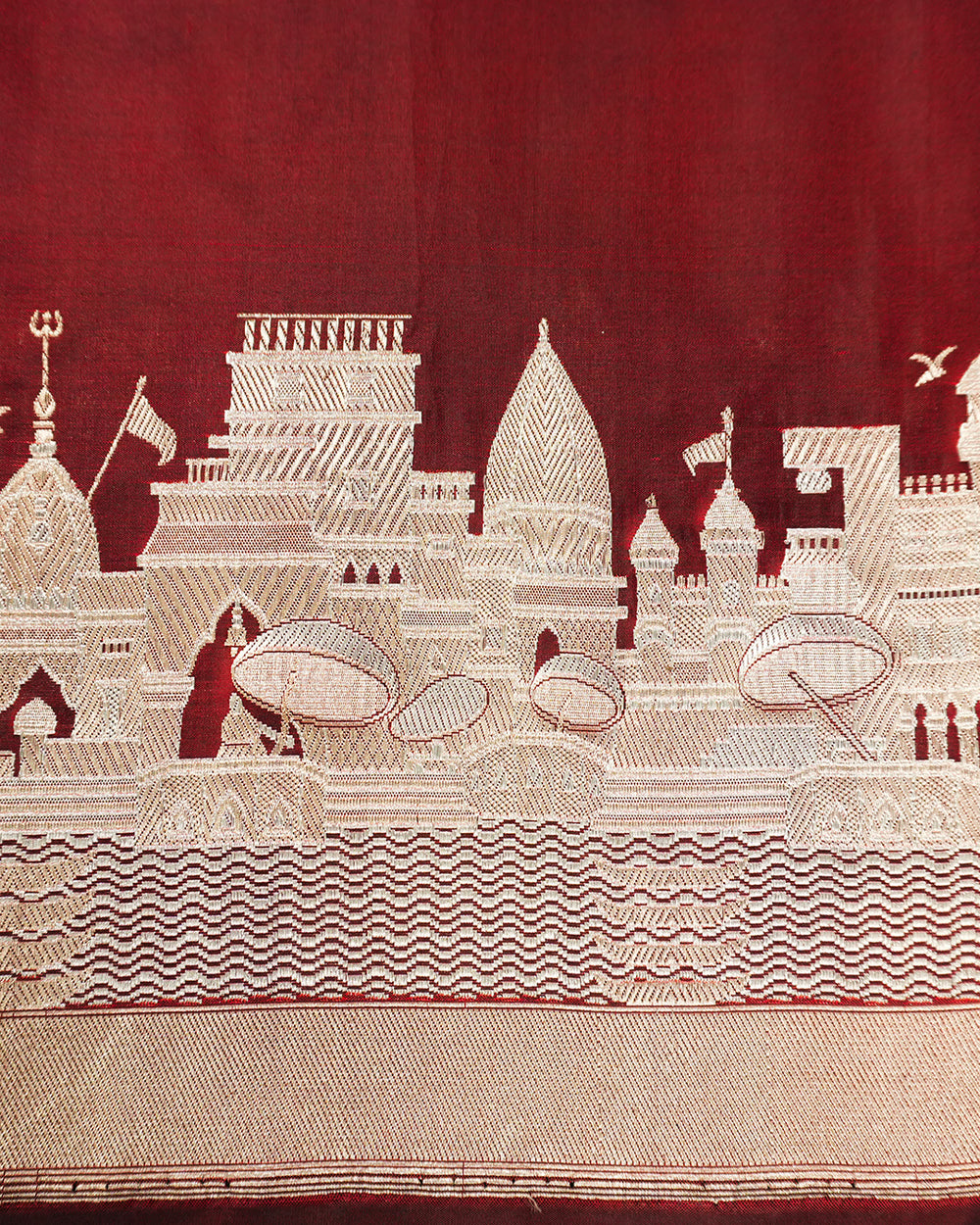 Maroon Pure Katan Saree Featuring Timeless Kashi Skyline and Riverfront Weaves