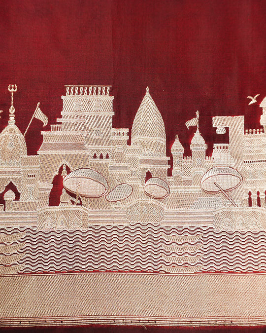 Maroon Pure Katan Saree Featuring Timeless Kashi Skyline and Riverfront Weaves