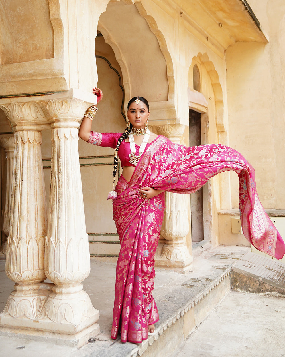 Rani Pink Pure Banarasi Saree with Grand Floral Zari Artistry