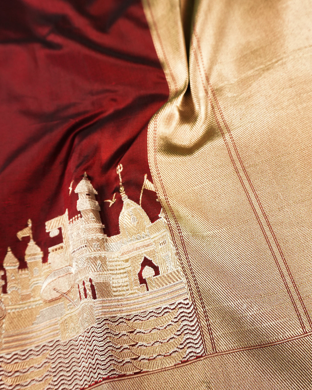 Maroon Pure Katan Saree Featuring Timeless Kashi Skyline and Riverfront Weaves