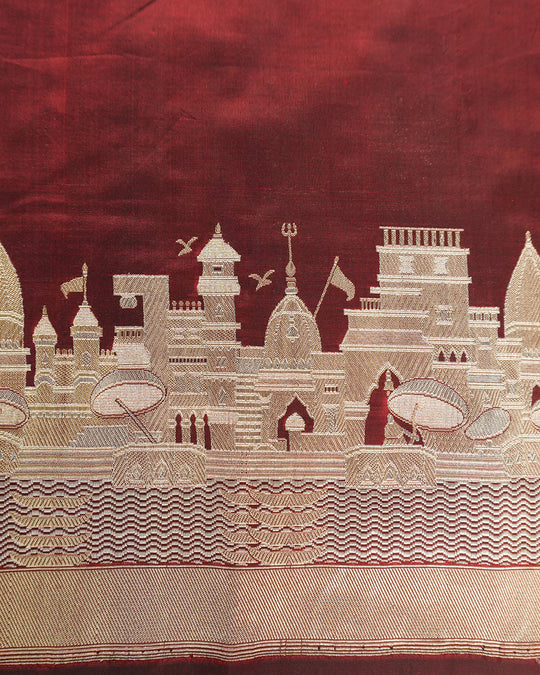Maroon Pure Katan Saree Featuring Timeless Kashi Skyline and Riverfront Weaves