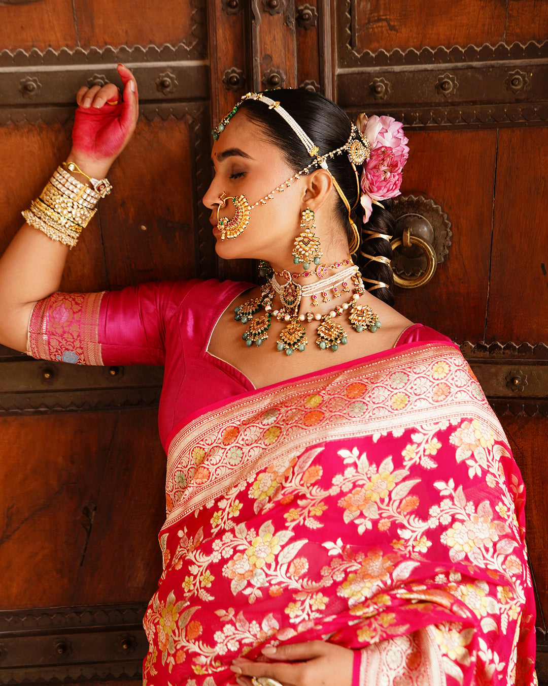 Rose Handwoven Pure Khaddi Georgette Saree With Water Zari