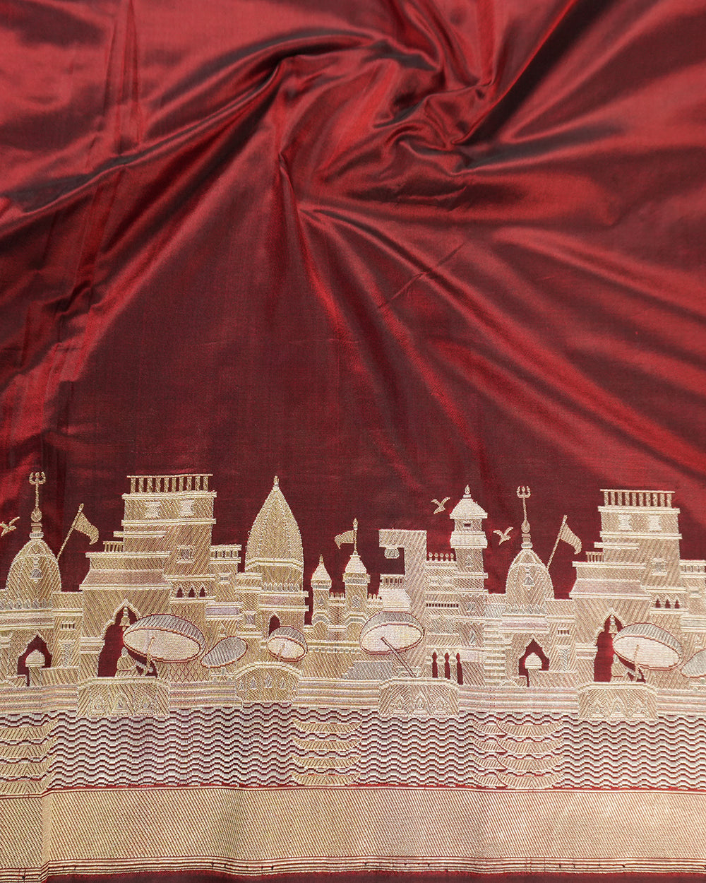 Maroon Pure Katan Saree Featuring Timeless Kashi Skyline and Riverfront Weaves