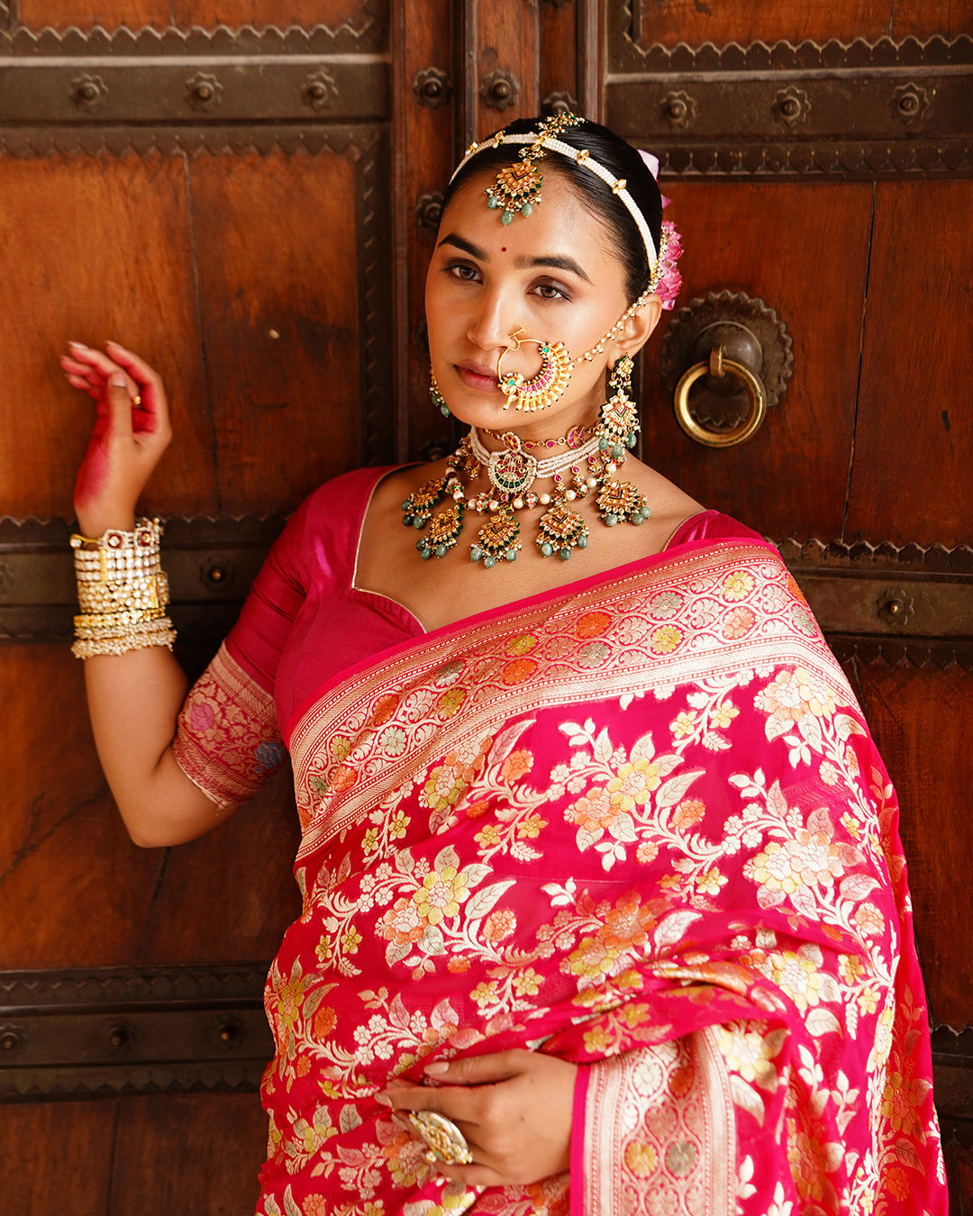 Rose Handwoven Pure Khaddi Georgette Saree With Water Zari
