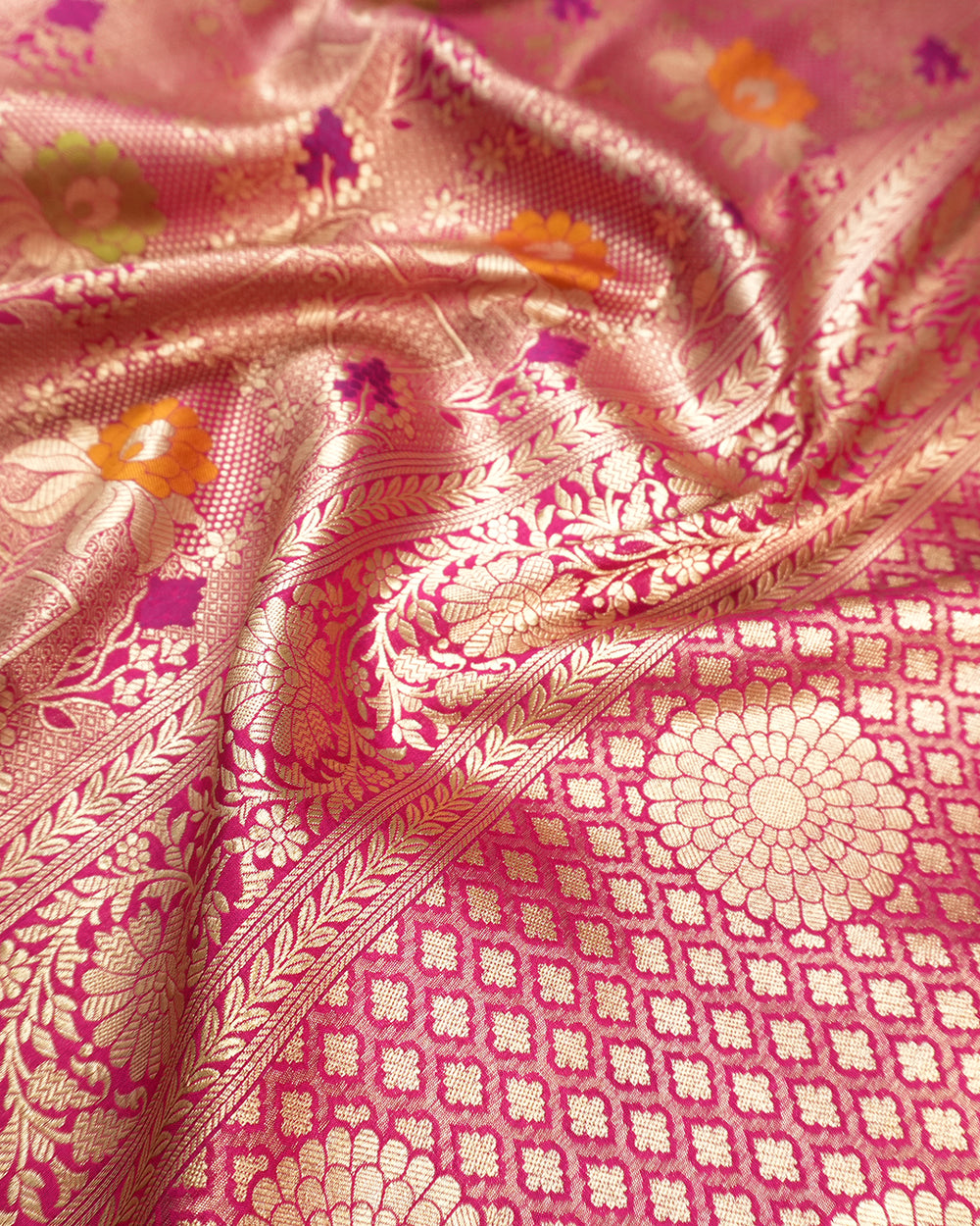 Pink Pure Katan Saree with Classic Floral Meenakari Weave