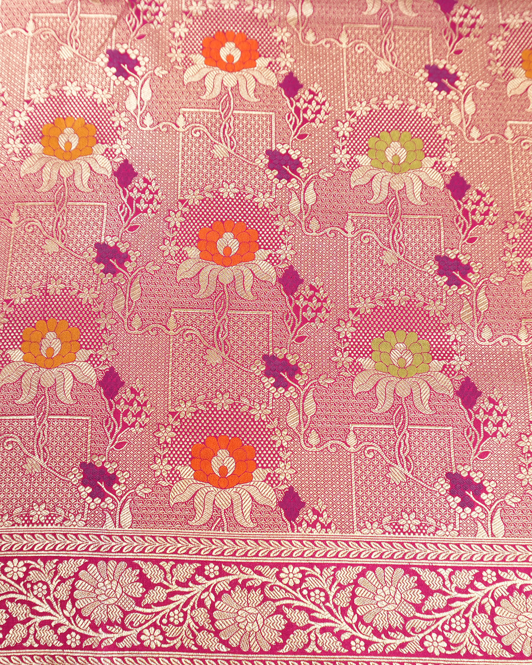 Pink Pure Katan Saree with Classic Floral Meenakari Weave