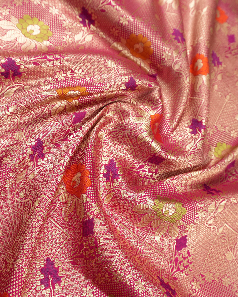 Pink Pure Katan Saree with Classic Floral Meenakari Weave