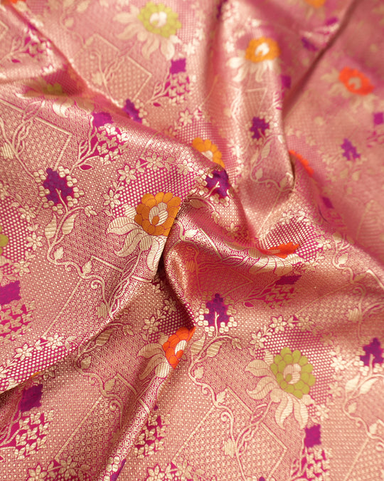 Pink Pure Katan Saree with Classic Floral Meenakari Weave