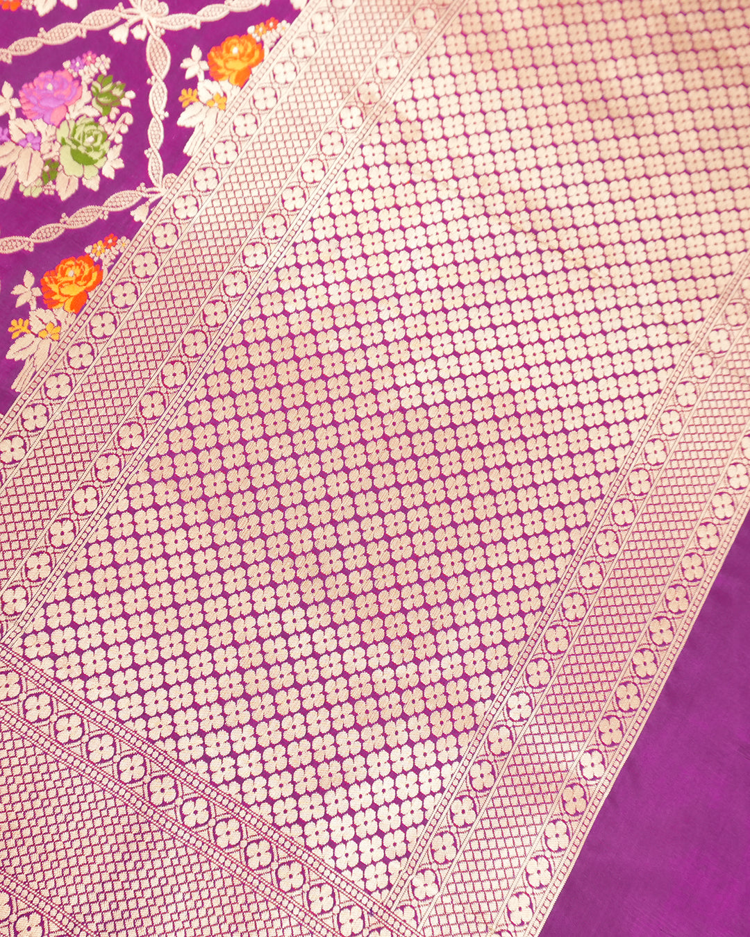 Purple Pure Katan Saree with Multitone Floral Meenakari Butidar Weaves