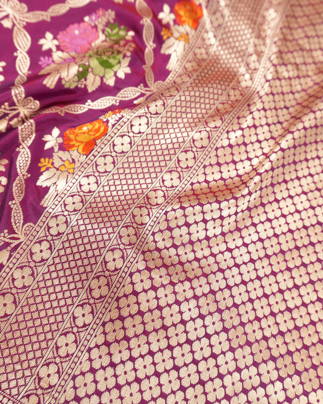 Purple Pure Katan Saree with Multitone Floral Meenakari Butidar Weaves