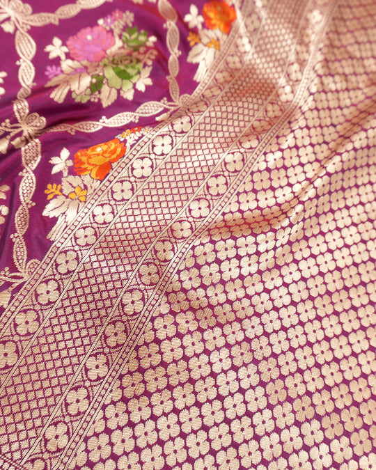 Purple Pure Katan Saree with Multitone Floral Meenakari Butidar Weaves