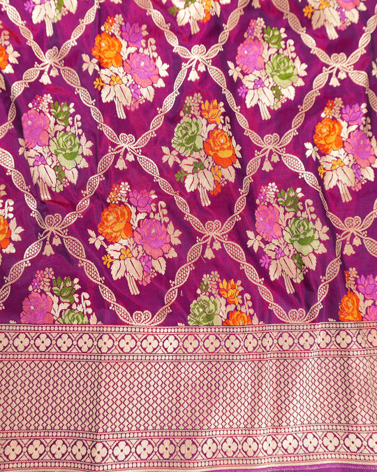 Purple Pure Katan Saree with Multitone Floral Meenakari Butidar Weaves