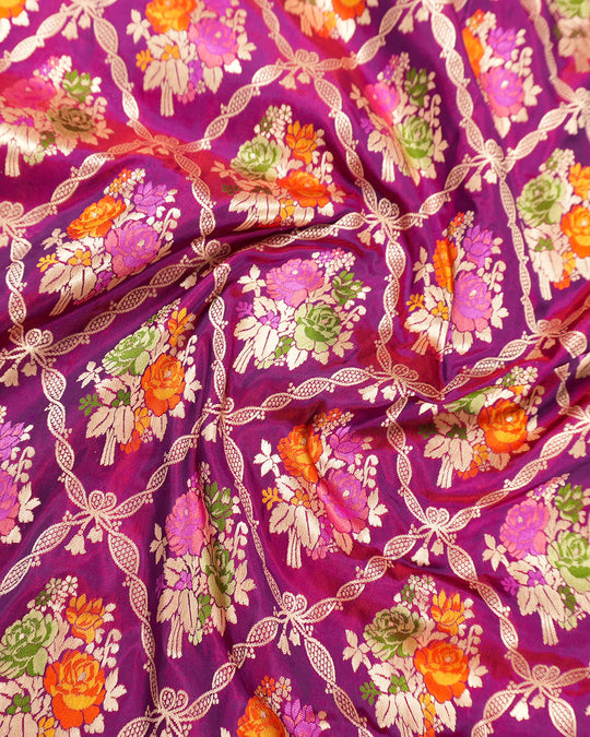 Purple Pure Katan Saree with Multitone Floral Meenakari Butidar Weaves