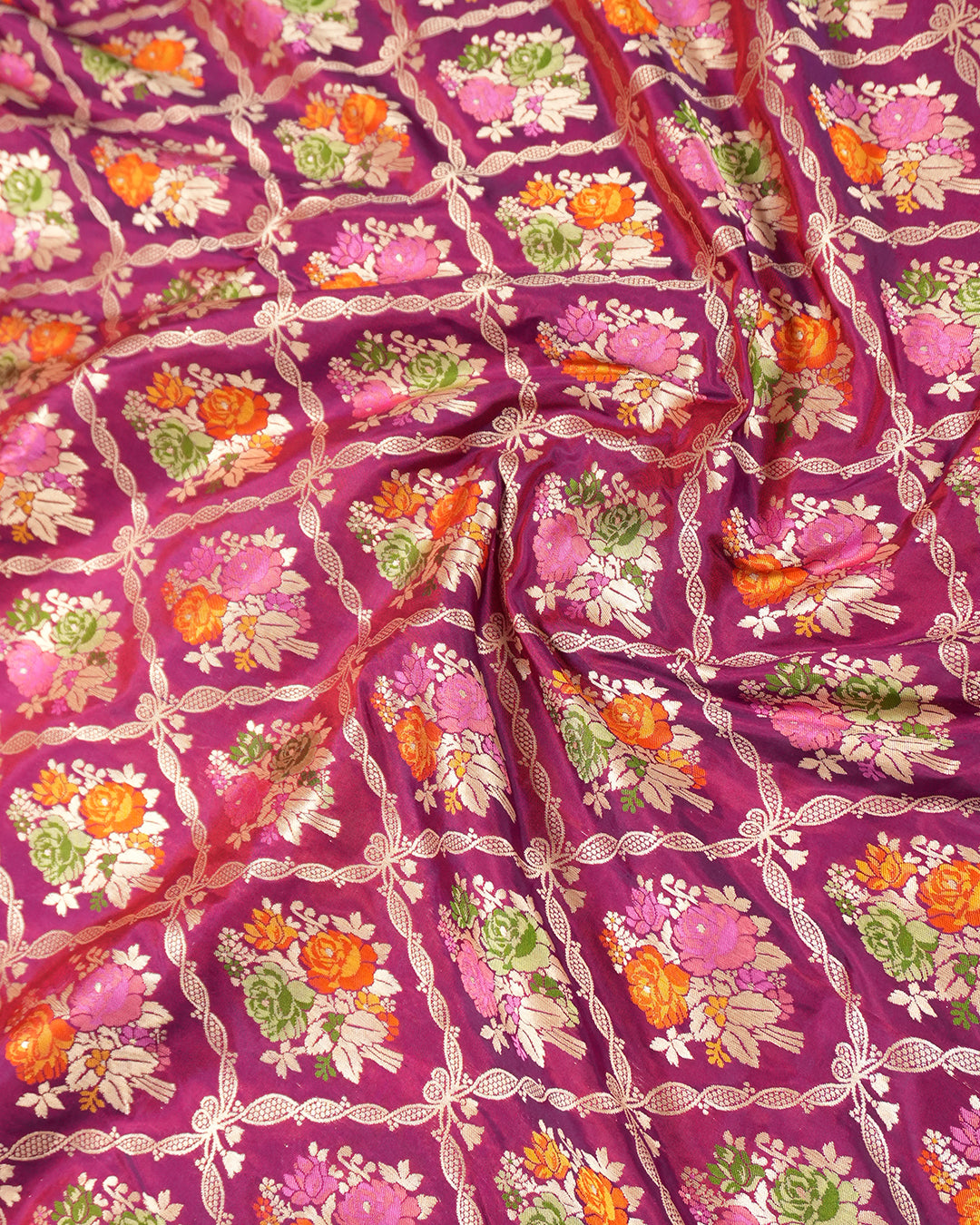 Purple Pure Katan Saree with Multitone Floral Meenakari Butidar Weaves