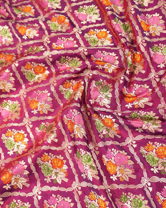 Purple Pure Katan Saree with Multitone Floral Meenakari Butidar Weaves