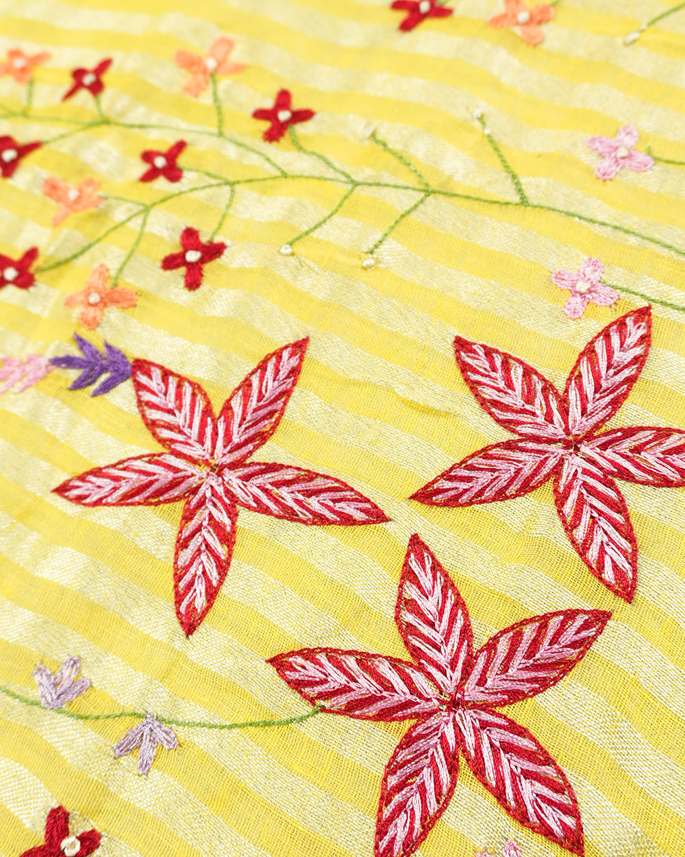 Yellow Pure Linen Saree with Artisan Hand Threadwork Floral Embroidery