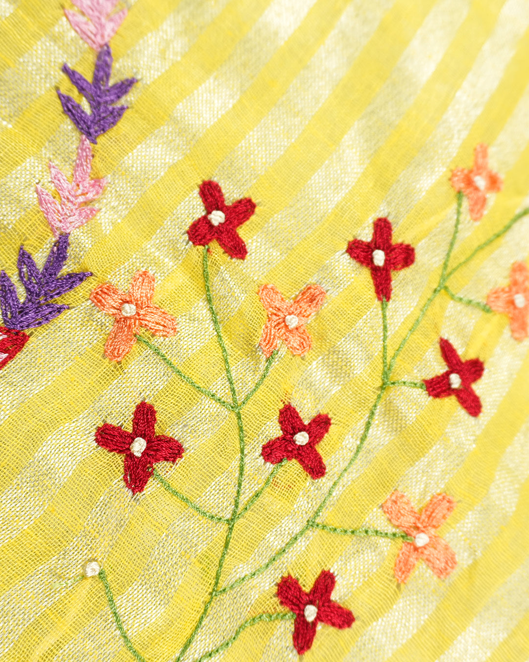 Yellow Pure Linen Saree with Artisan Hand Threadwork Floral Embroidery