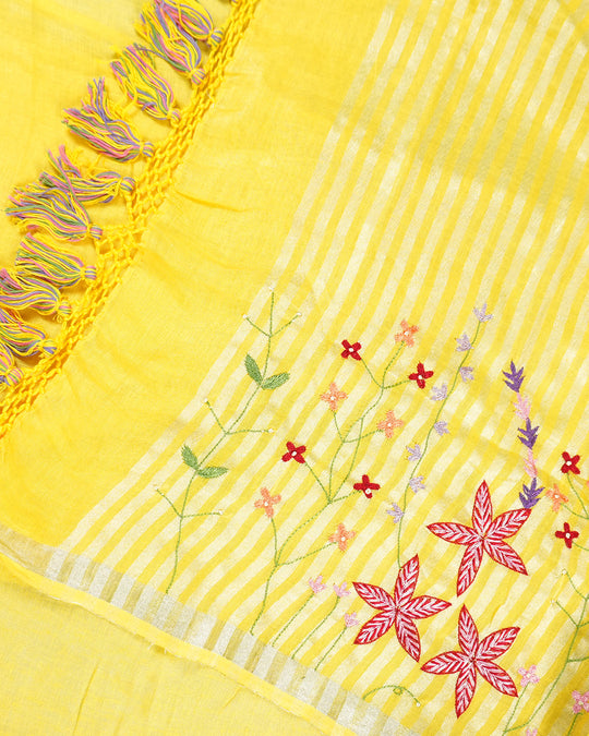 Yellow Pure Linen Saree with Artisan Hand Threadwork Floral Embroidery
