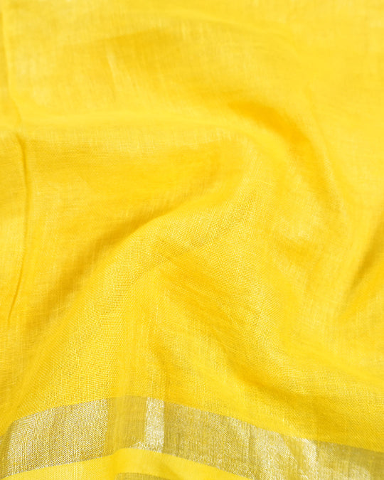 Yellow Pure Linen Saree with Artisan Hand Threadwork Floral Embroidery