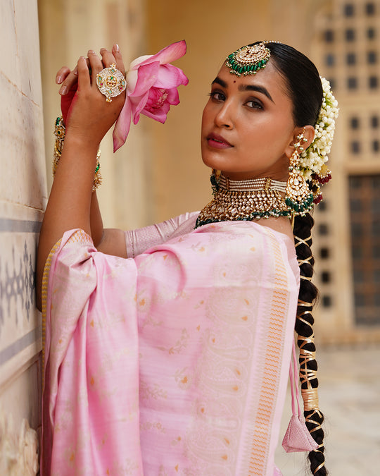 Bloom Pink Pure Banarasi Saree with Ethereal Weaving Motifs Elegance