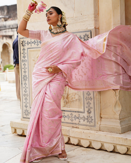 Bloom Pink Pure Banarasi Saree with Ethereal Weaving Motifs Elegance