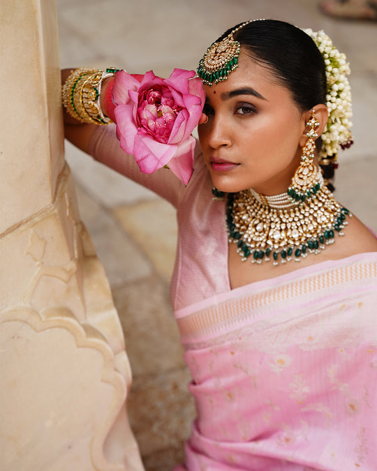 Bloom Pink Pure Banarasi Saree with Ethereal Weaving Motifs Elegance